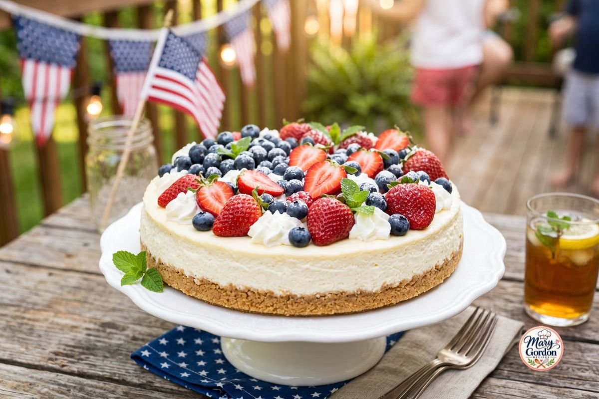 4th of July berry cheesecake topped with fresh strawberries, blueberries, and whipped cream