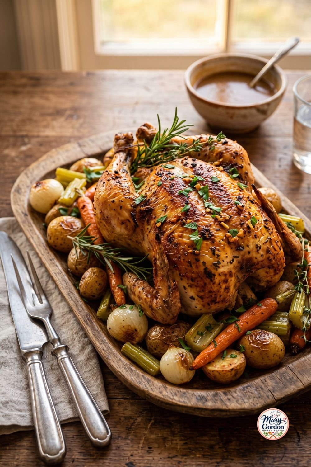 Juicy garlic herb roast chicken with crispy golden skin and roasted vegetables