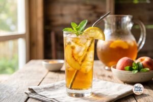 Homemade peach iced tea with fresh peach slices, lemon, mint, and ice