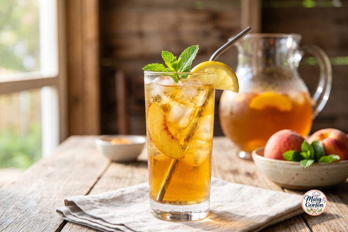Homemade peach iced tea with fresh peach slices, lemon, mint, and ice