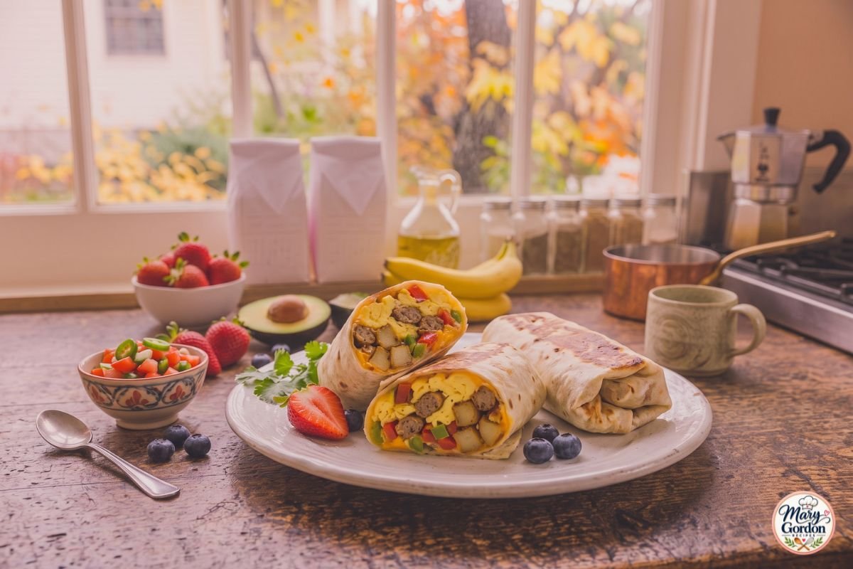 Homemade breakfast burritos filled with eggs, sausage, potatoes, cheese and vegetables