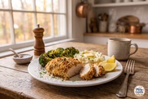 Baked Parmesan crusted chicken with crispy golden coating served with roasted vegetables