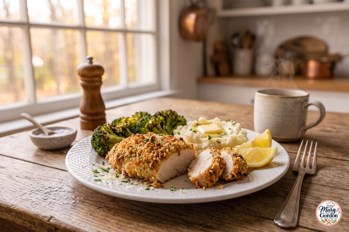 Baked Parmesan crusted chicken with crispy golden coating served with roasted vegetables