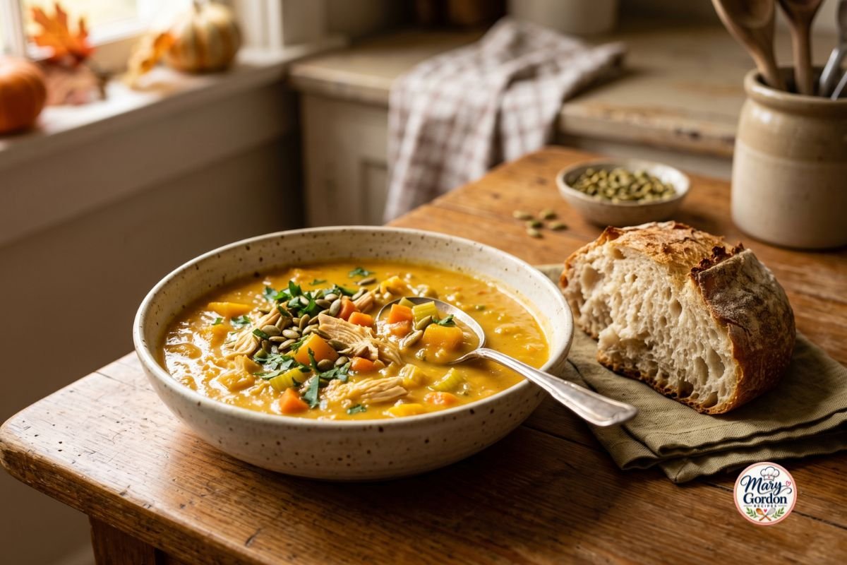 Creamy butternut squash chicken soup with tender chicken, fresh herbs, and pumpkin seeds
