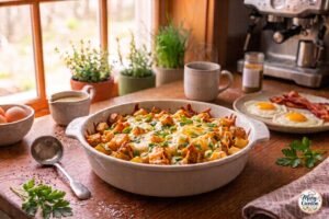 Cheesy breakfast potatoes with crispy golden edges, melted cheddar, green onions and parsley