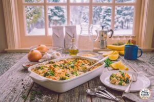 Cheesy chicken broccoli casserole with tender chicken, broccoli and melted cheddar cheese