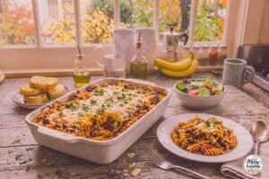Cheesy ground beef casserole with pasta, tomato sauce and melted cheddar cheese