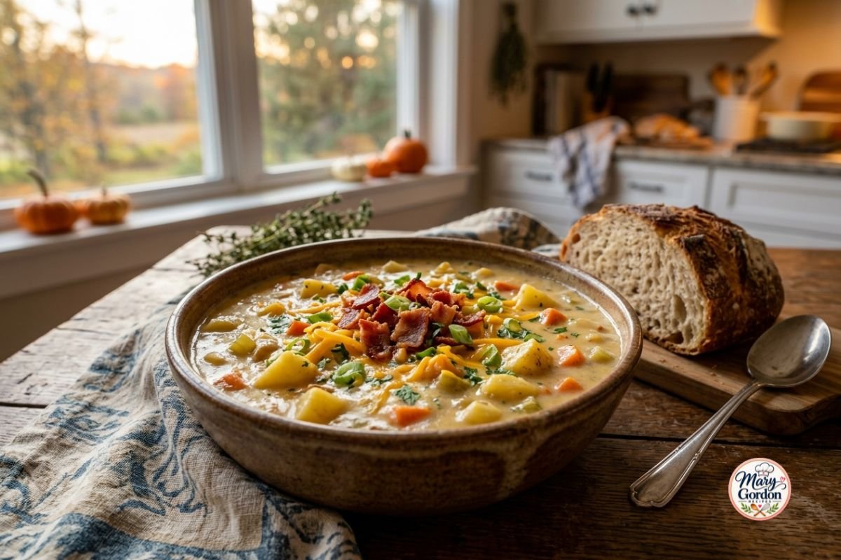 Creamy cheesy potato soup topped with cheddar cheese, crispy bacon, and green onions