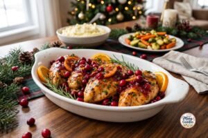 Christmas cranberry chicken with cranberry orange sauce, rosemary, and fresh orange slices