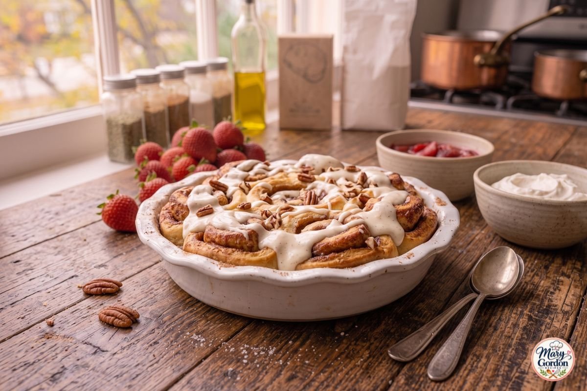 Cinnamon roll casserole with golden cinnamon rolls, creamy egg mixture and sweet glaze