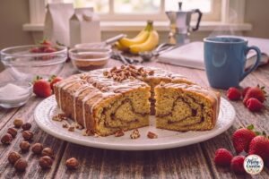 Cinnamon swirl protein cake with warm cinnamon filling and vanilla glaze