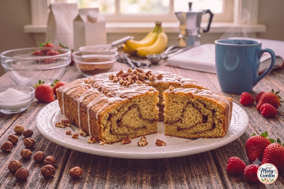 Cinnamon swirl protein cake with warm cinnamon filling and vanilla glaze