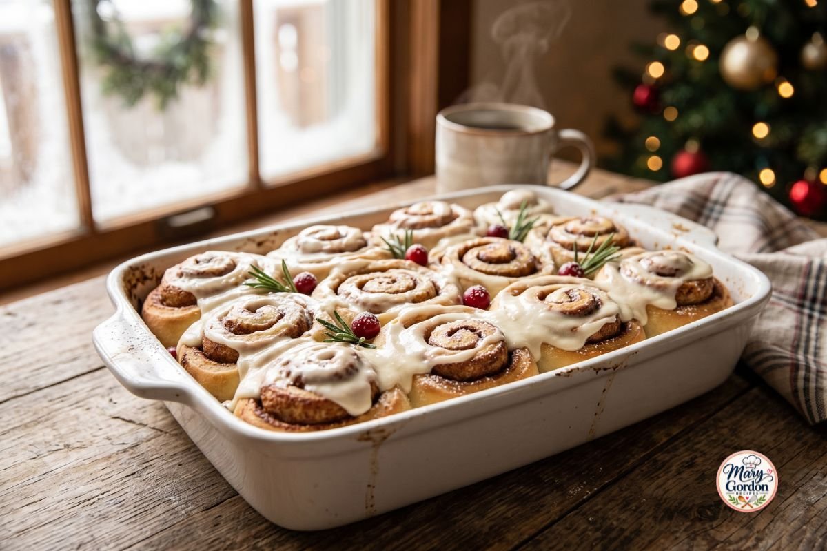 Classic Christmas morning cinnamon rolls with cinnamon sugar filling and cream cheese frosting