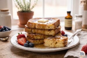 Classic French toast topped with butter, maple syrup and fresh berries
