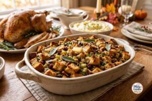 Classic Thanksgiving stuffing with toasted bread, celery, onion, sage, and thyme