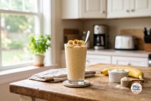 Creamy banana protein smoothie with peanut butter, banana slices, and cinnamon