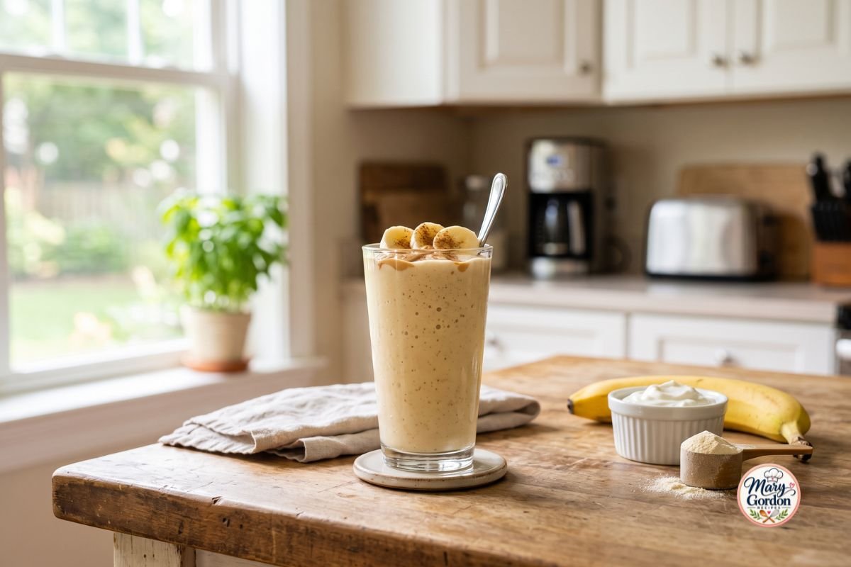 Creamy banana protein smoothie with peanut butter, banana slices, and cinnamon