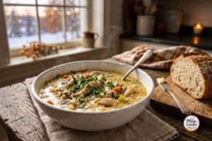 Creamy chicken and wild rice soup with tender chicken, carrots, celery, wild rice, and herbs