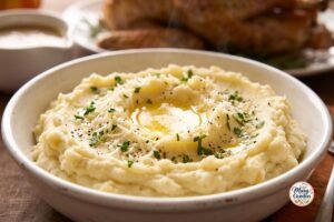Creamy garlic mashed potatoes topped with butter, Parmesan, and fresh parsley