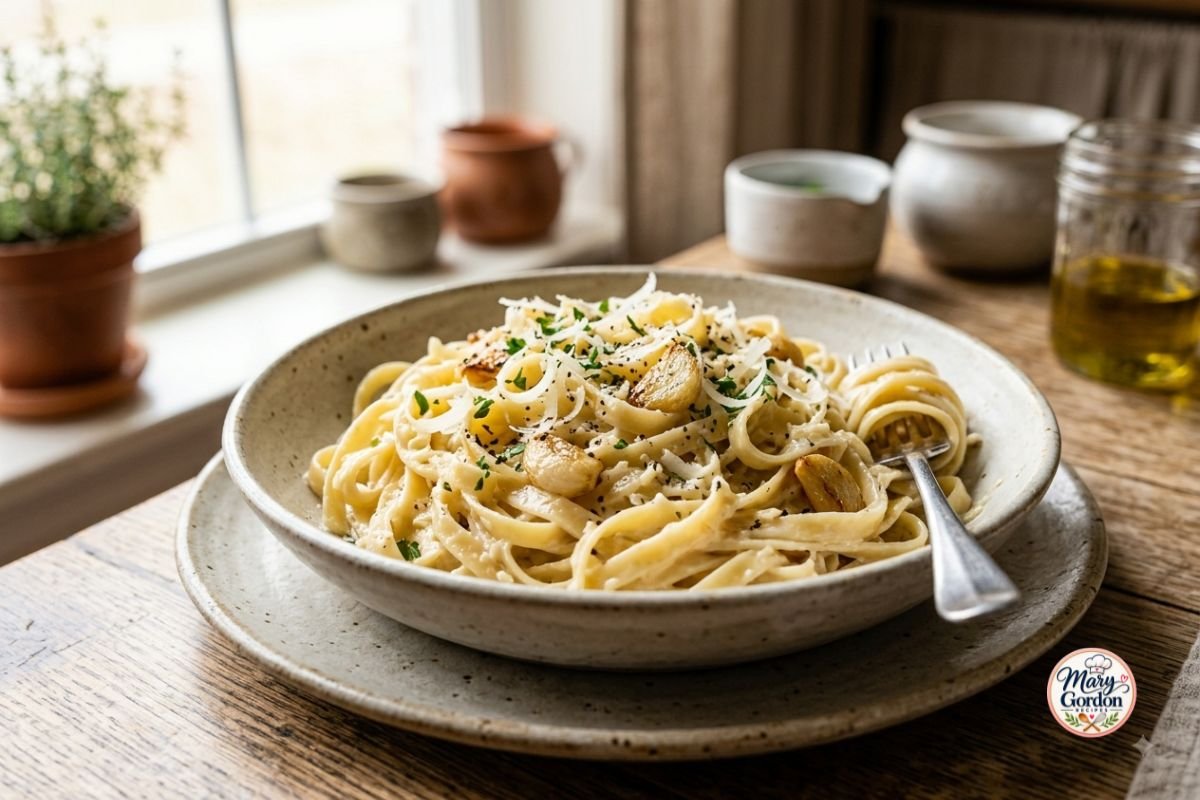 Creamy garlic Parmesan pasta topped with fresh parsley