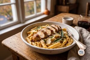 Creamy pumpkin chicken pasta with sliced chicken, Parmesan, garlic, and savory pumpkin sauce