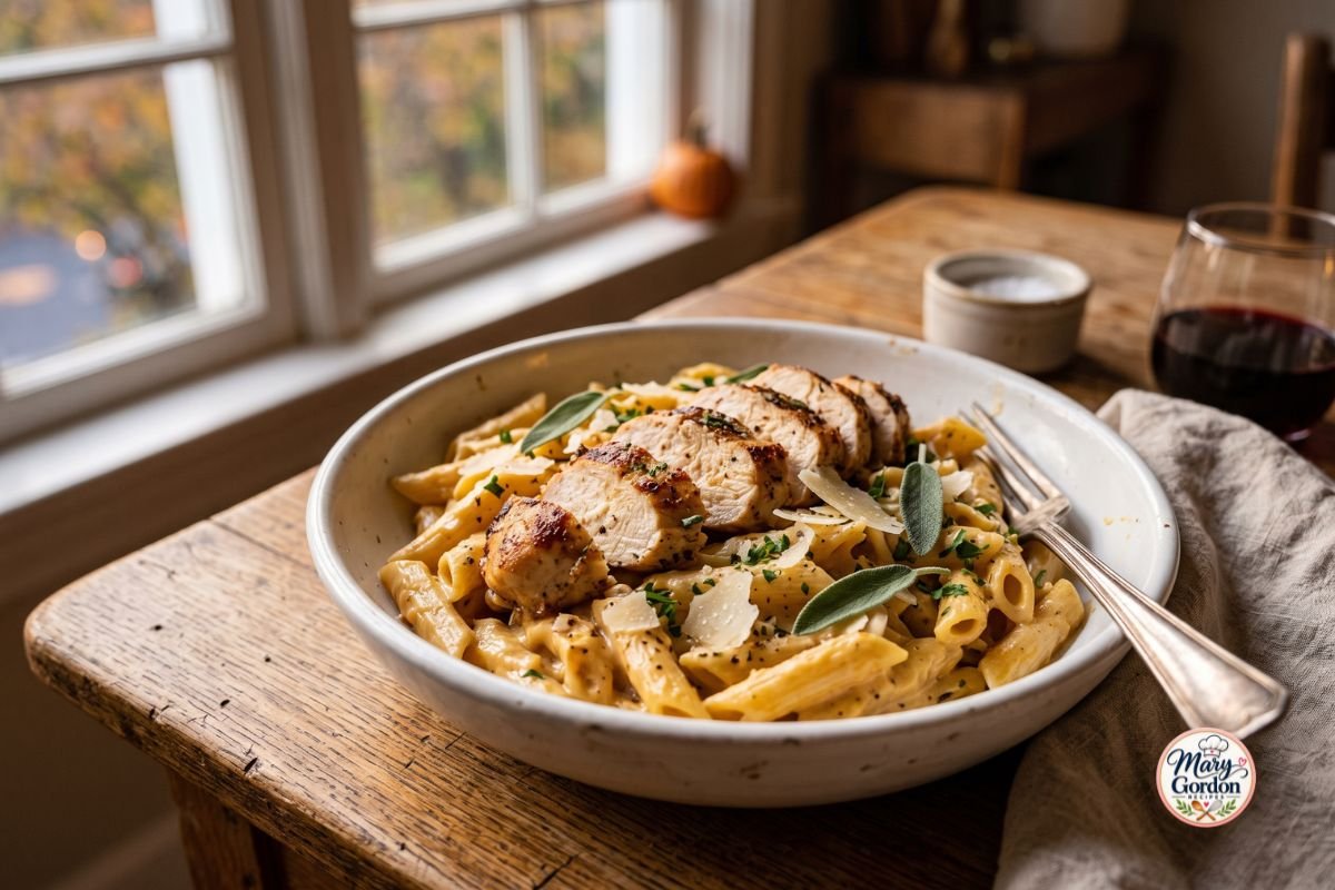Creamy pumpkin chicken pasta with sliced chicken, Parmesan, garlic, and savory pumpkin sauce