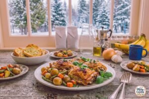 Crispy baked chicken thighs with golden skin served with roasted vegetables