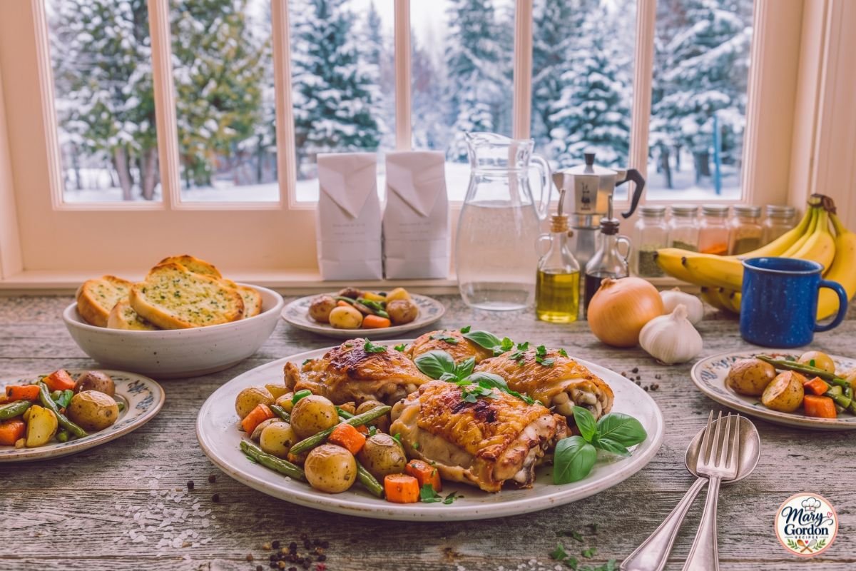 Crispy baked chicken thighs with golden skin served with roasted vegetables