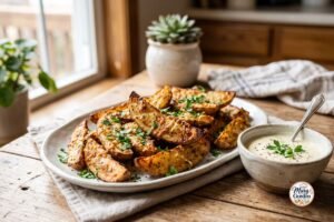 Crispy Parmesan potato wedges with garlic seasoning and fresh parsley served with dipping sauce