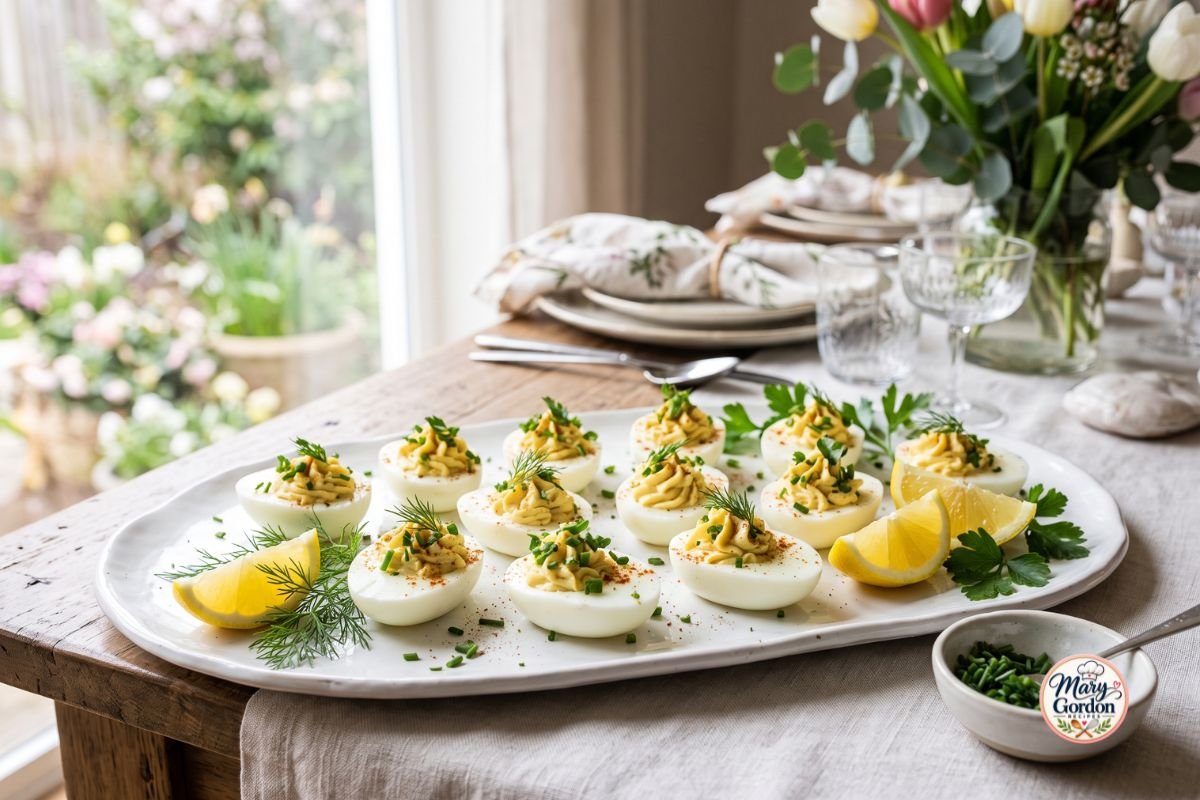 Deviled eggs topped with fresh dill, parsley, chives, and paprika