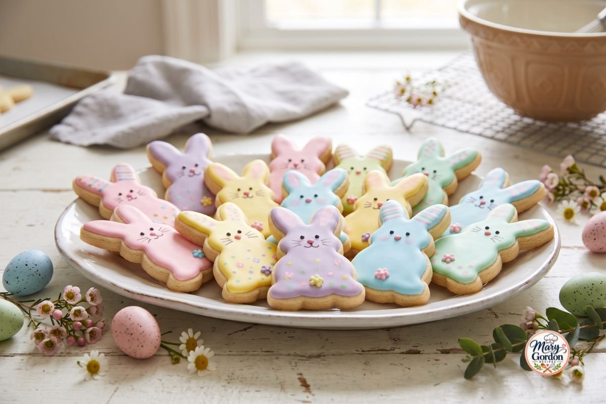 Decorated Easter bunny sugar cookies with pastel icing