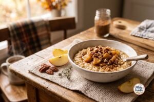 Easy apple cinnamon oatmeal topped with warm cinnamon apples, pecans, and maple syrup