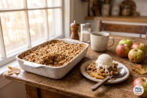 Easy apple crisp with cinnamon apples, golden oat topping and vanilla ice cream