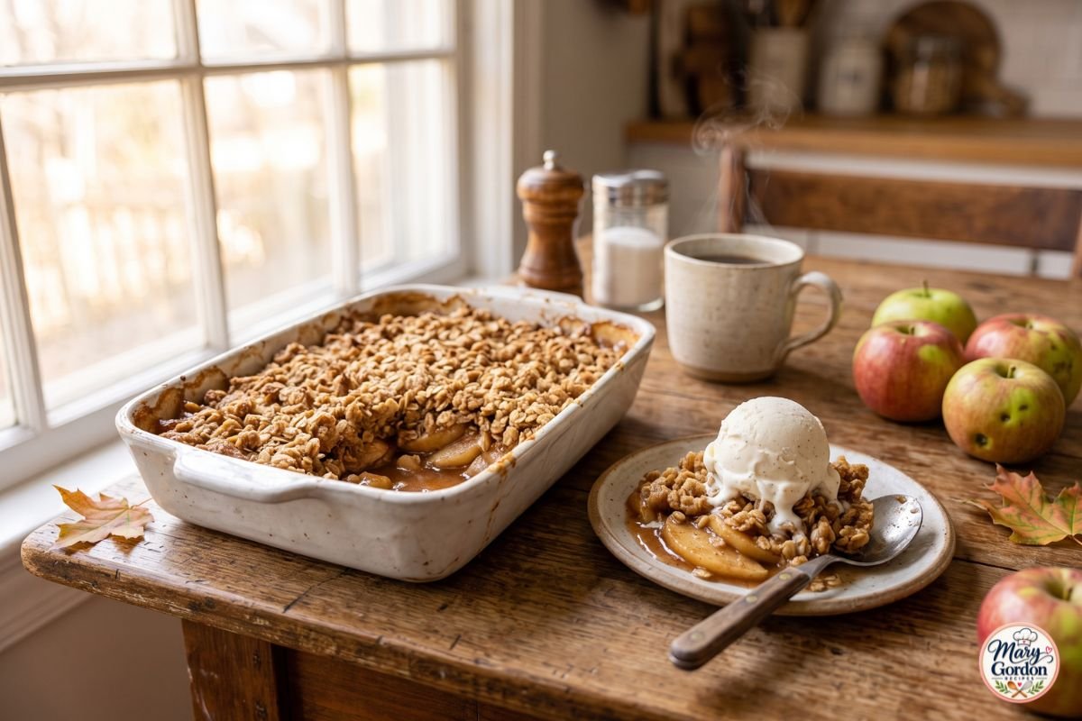 Easy apple crisp with cinnamon apples, golden oat topping and vanilla ice cream