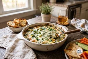 Easy baked spinach artichoke dip topped with melted golden cheese and served with toasted bread