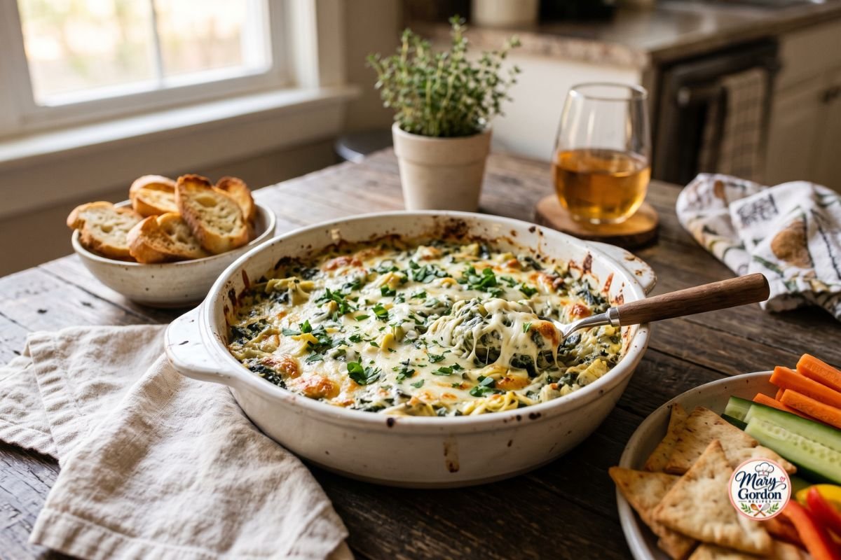 Easy baked spinach artichoke dip topped with melted golden cheese and served with toasted bread