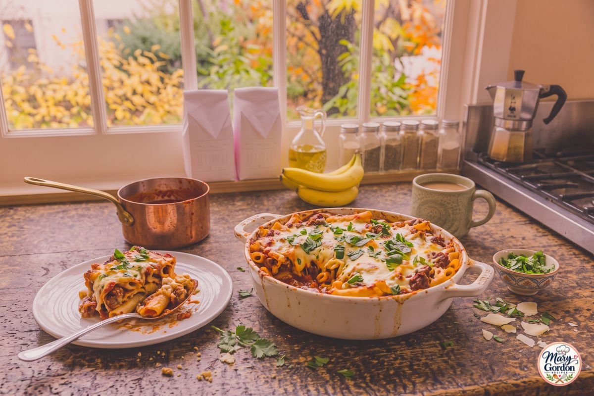 Easy baked ziti with Italian sausage, marinara sauce, ricotta and melted mozzarella cheese