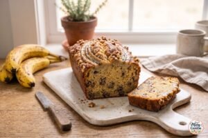 Moist homemade banana bread with ripe bananas and walnuts