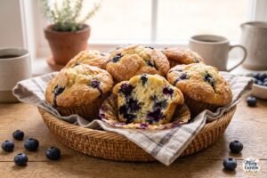 Soft homemade blueberry muffins with fresh blueberries
