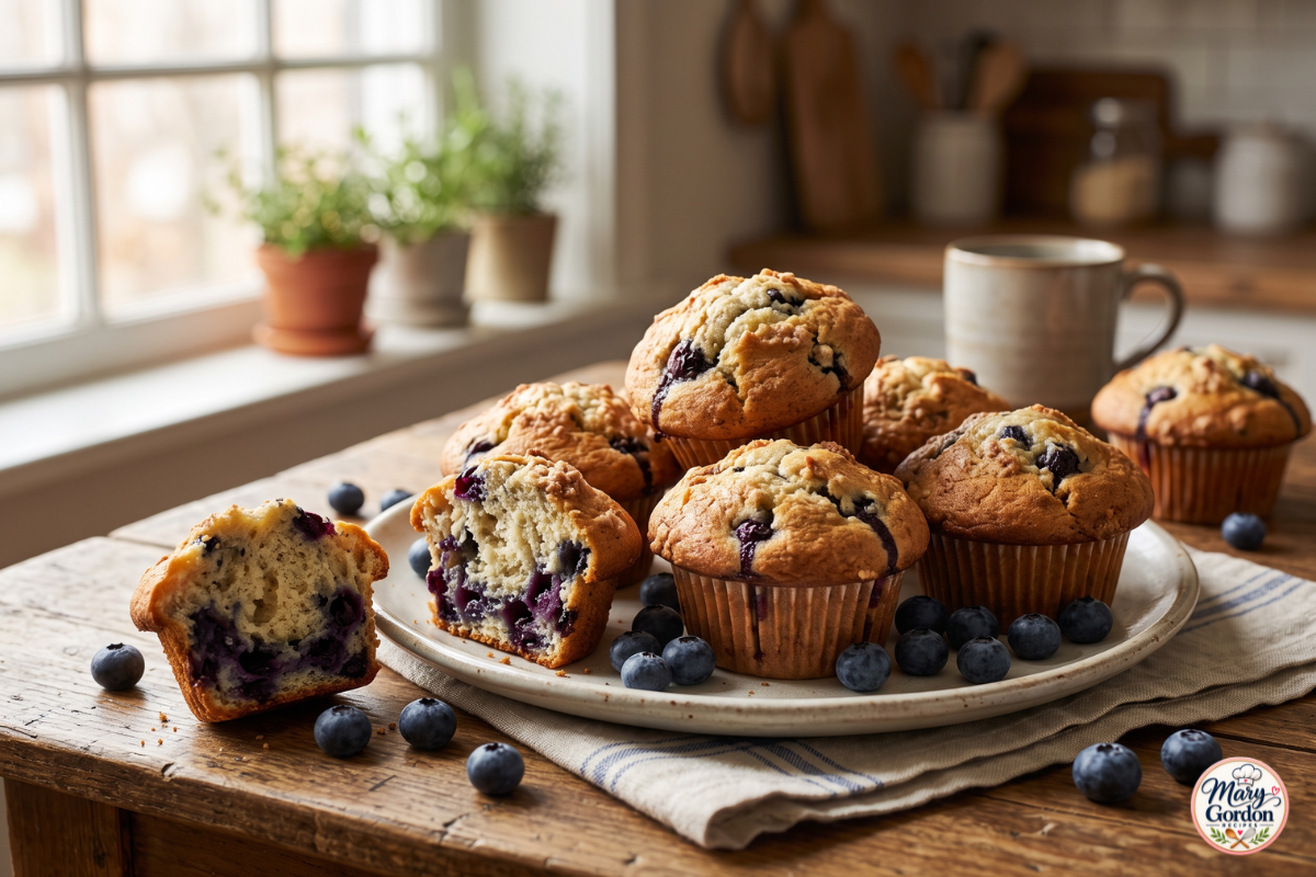 Homemade blueberry muffins with fresh blueberries and golden tops
