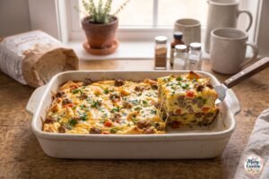 Cheesy breakfast casserole with eggs sausage bread and vegetables