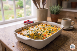 Easy brunch casserole with eggs, sausage, cheese, vegetables and golden baked top