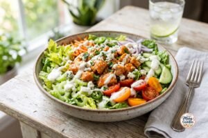 Buffalo chicken salad with crisp lettuce, vegetables, blue cheese, and creamy ranch dressing