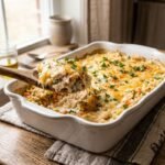 Creamy chicken and rice casserole topped with melted cheddar cheese