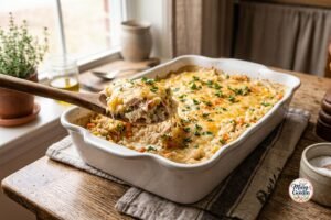 Creamy chicken and rice casserole topped with melted cheddar cheese