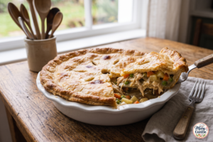 Homemade chicken pot pie with golden flaky crust