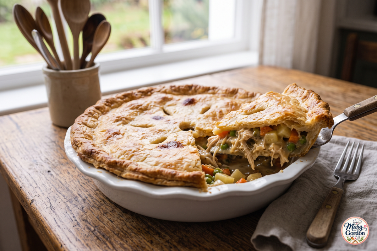 Homemade chicken pot pie with golden flaky crust