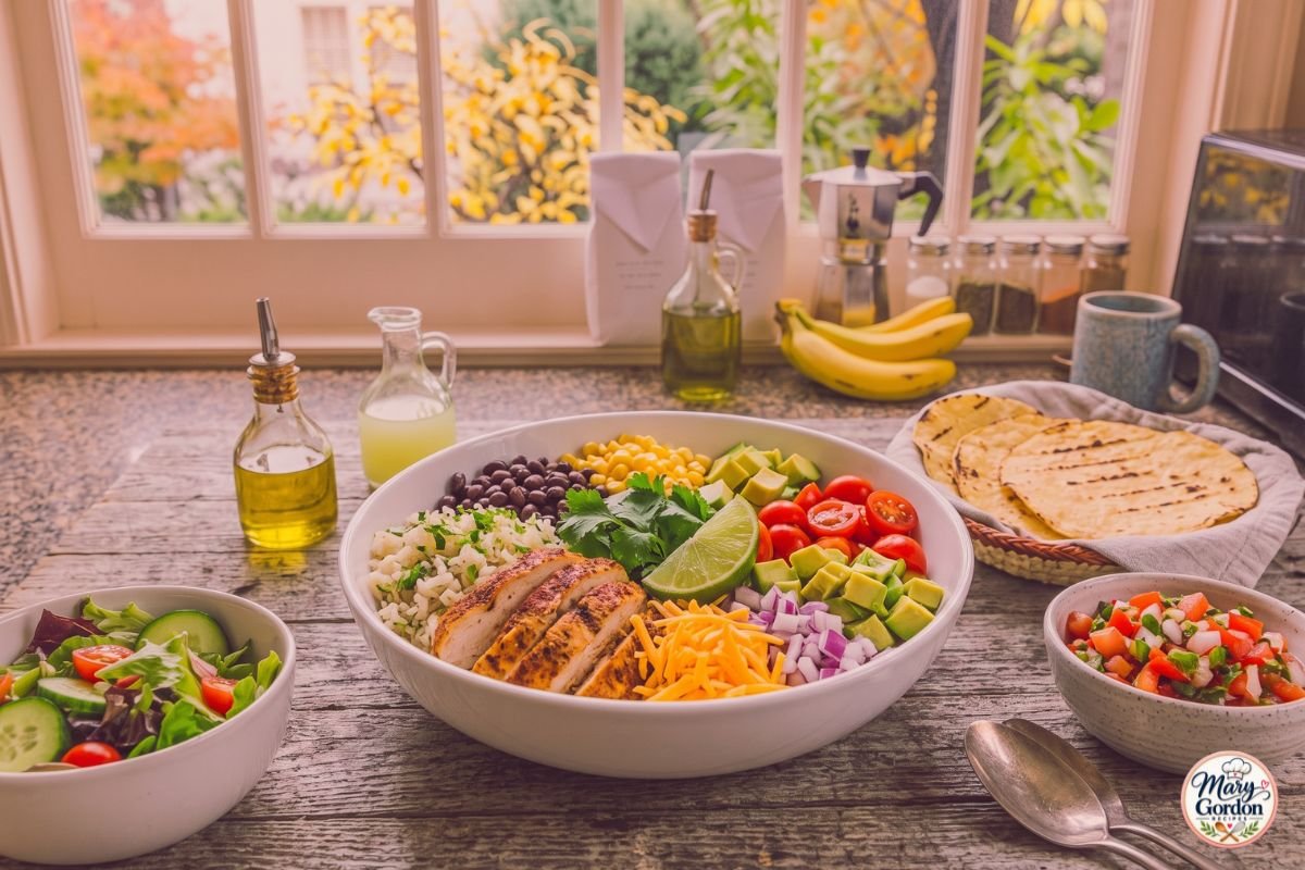 Easy chicken taco bowls with seasoned chicken, rice, black beans, corn and avocado