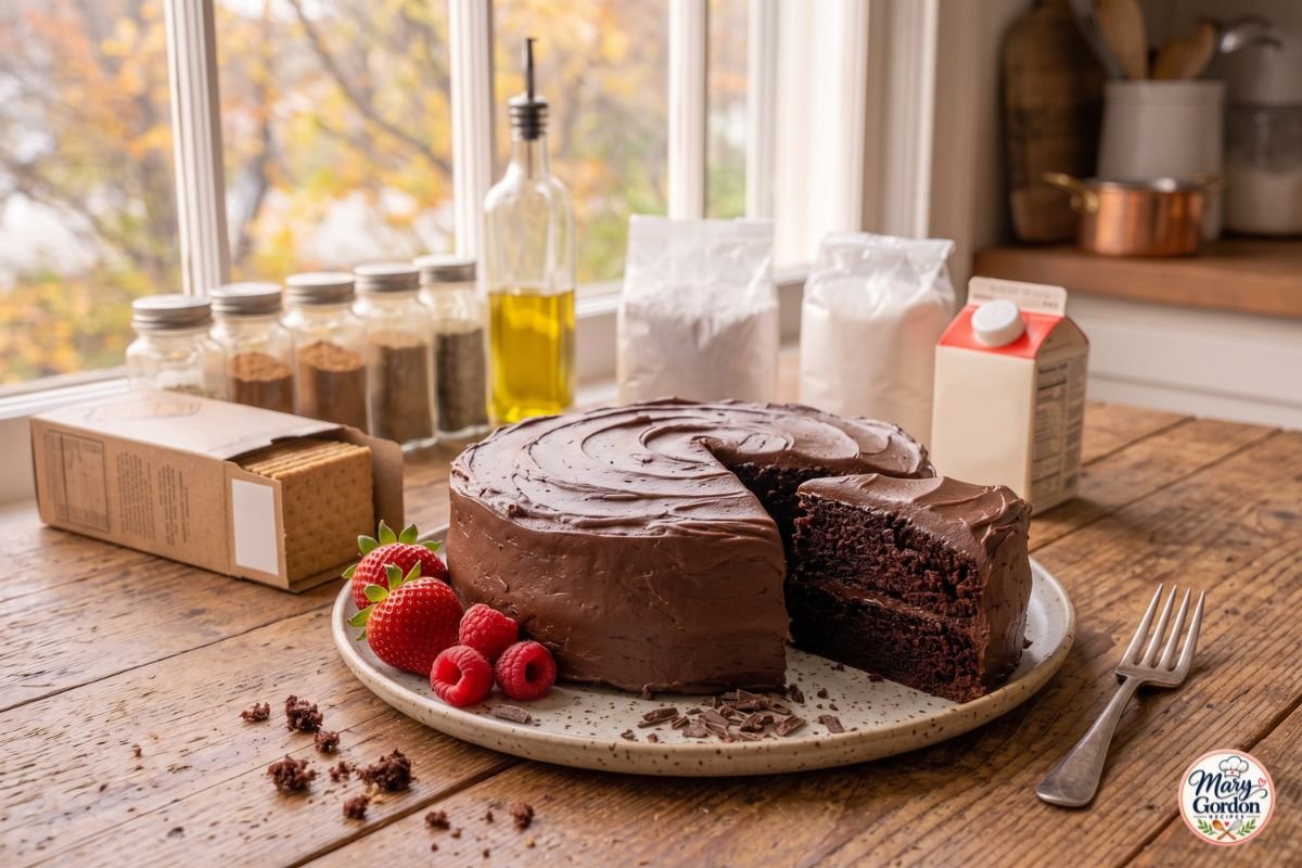 Easy homemade chocolate cake with rich chocolate frosting and fresh berries