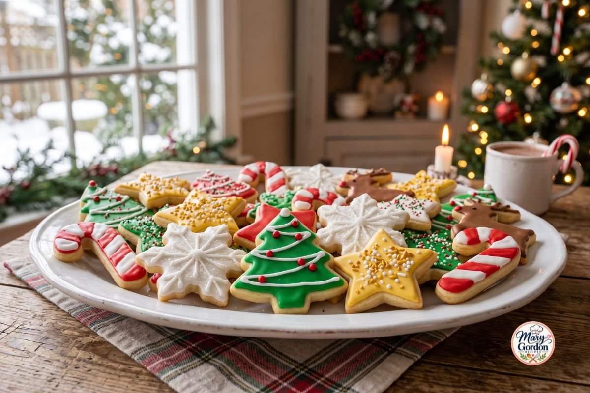Easy Christmas sugar cookies decorated with red green and white icing and festive sprinkles